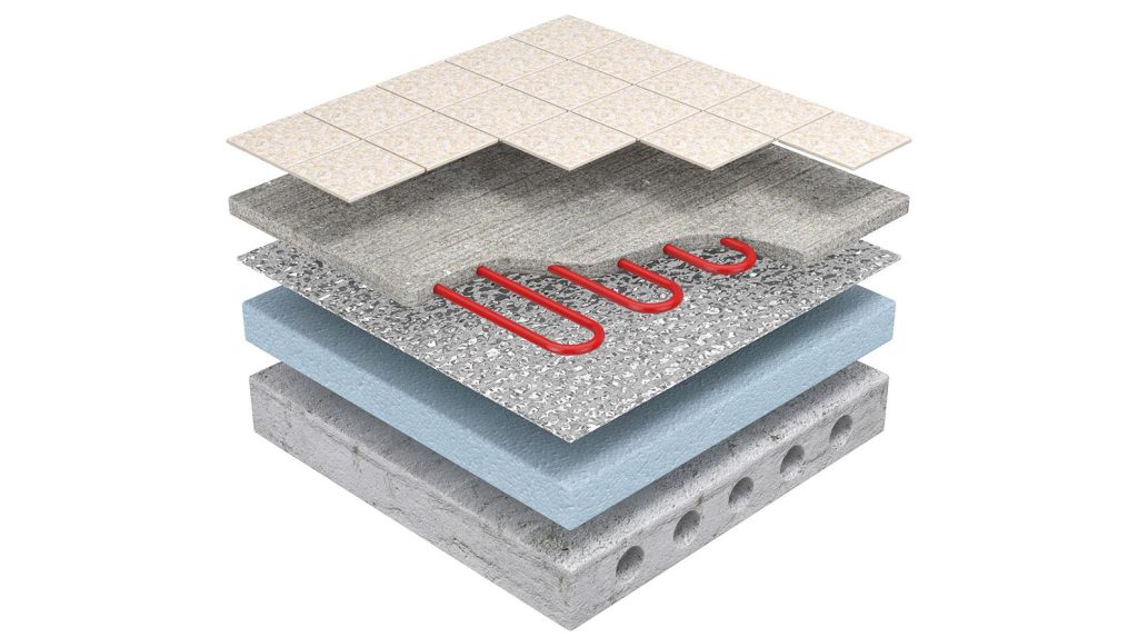 3D exploded view of underfloor heating installation stages